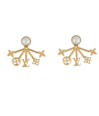 Louis Vuitton Gold-tone Faux Pearl LV Logo Cruiser Earrings