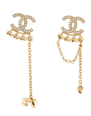 Chanel Gold-tone 2023 Strass CC Hearts Chain Drop Earrings