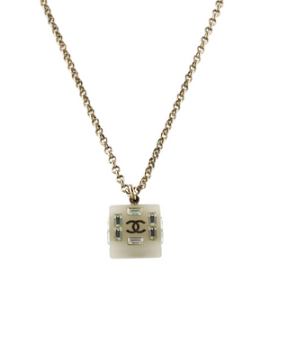 Chanel Beige Resin Strass Interlocking CC Pendant Necklace