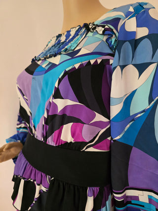 Emilio Pucci Blue purple multicolor signature print long-sleeved dress 6 sz