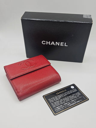 CHANEL Red Caviar Leather CC Compact French Purse Wallet