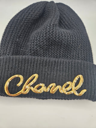 Chanel Gold-tone Sequin Logo Black Cashmere Sequin Beanie