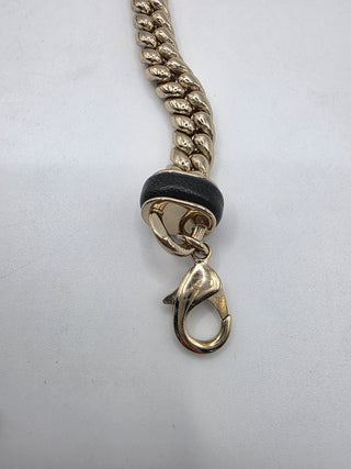 Chanel Gold Metal Black Leather Interlocking CC Logo Chain Link Choker Necklace