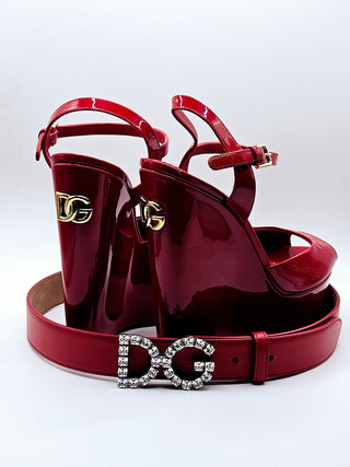 Dolce & Gabbana Red Patent Leather Gold-tone D&G Logo Sandals 37.5