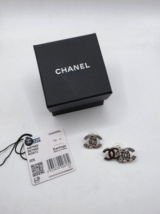 Chanel Silver-tone Strass CC Stud Earrings
