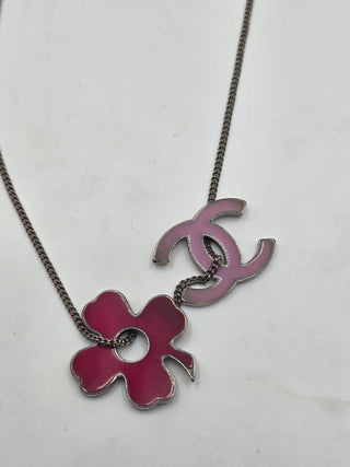 Chanel Silver-tone Enamel Interlocking CC Clover Pendant Necklace