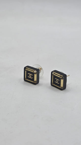 Chanel Gold-tone Black Resin Interlocking CC Stud Earrings