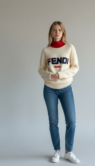 Fendi White Multicolor Logo Printed Graphic Sweater 4 sz
