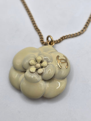 Chanel Gold-tone White Enamel Camelia CC Pendant Necklace