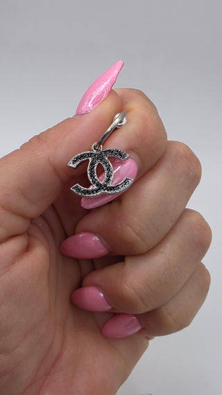 Chanel Silver-tone Black Enamel Glitter Interlocking CC Drop Earrings