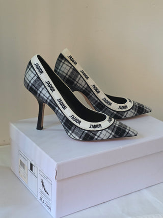 Christian Dior Black Plaid J'Adior Print  Embroidered Pumps 36.5 sz