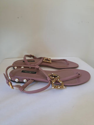 Dolce & Gabbana beige leather pearl logo embellished thong sandals 37 sz