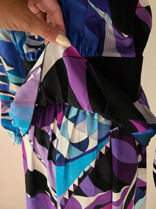 Emilio Pucci Blue purple multicolor signature print long-sleeved dress 6 sz