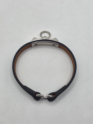 Hermes Black Swift Calfskin Leather Palladium Plated Mini Rivale Bracelet Size T2