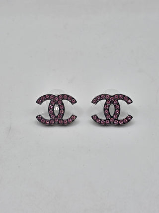 Chanel Silver-tone Pink Strass Interlocking CC Stud Earrings