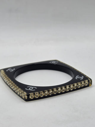 (Copy) Chanel Bkack Resin Strass Interlocking CC Square Bangle