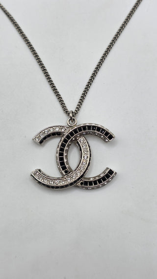 Chanel Silver-tone Strass Interlocking CC Pendant Necklace