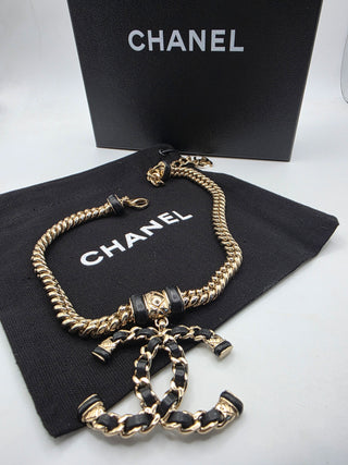 Chanel Gold Metal Black Leather Interlocking CC Logo Chain Link Choker Necklace