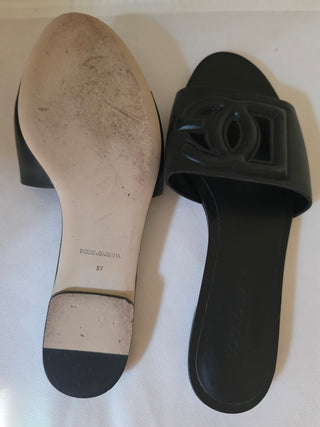 Dolce & Gabbana Black Leather D&G Logo Cutout Sandals 37 sz