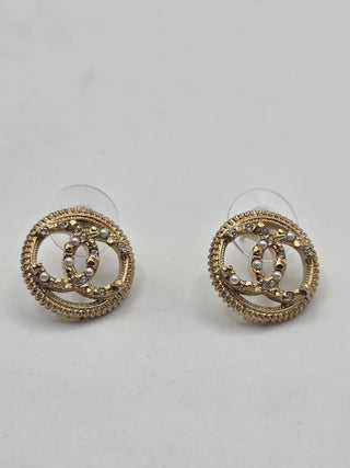 Chanel Gold-tone Faux Pearl Strass CC Stud Earrings