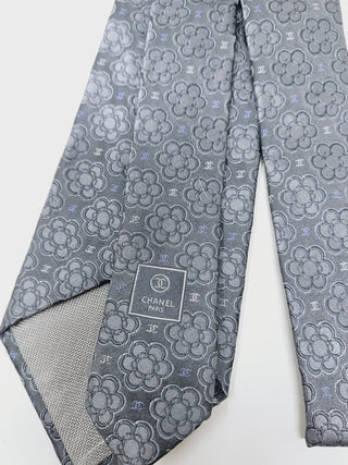 CHANEL Metallic Grey Camellia CC logo Silk Tie