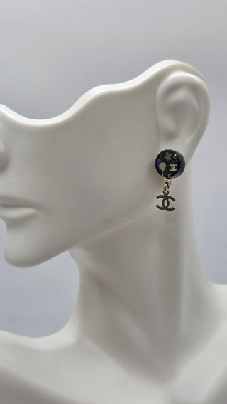Chanel Gold-tone Black Resin Glitter CC Drop Earrings