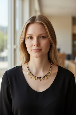 Chanel Gold-tone Black Faux Pearl, Leather, Strass Interlocking CC Logo Choker