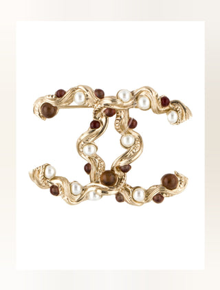Chanel Gold-tone Faux Pearl Gripoix in CC Logo Brooch