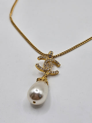 Chanel Gold-tone 2020 Faux Pearl Strass CC Pendant Necklace