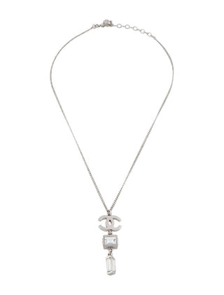 Chanel Silver-tone Interlocking CC Crystal Pendant Necklace