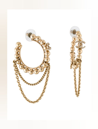 Chanel Gold-tone Strass Interlocking CC Chain Link Hoop Earrings