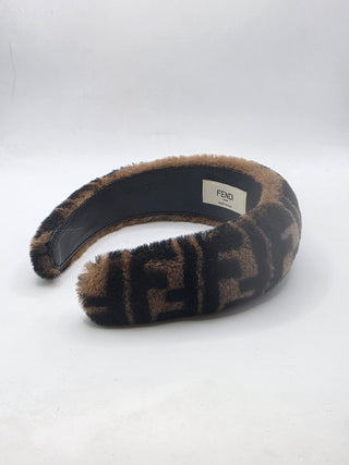 Fendi Brown FF Pattern Print Shearling Headband