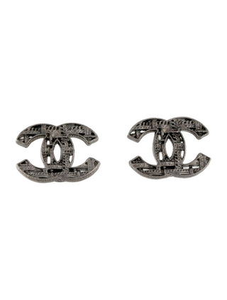Chanel Silver-tone Interlocking CC Tweed Stud Earrings