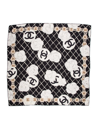 Chanel Black white silk Interlocking CC Logo Scarf