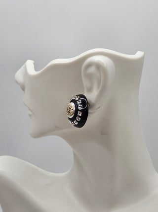 Chanel Black Resin Faux Pearl Crystal CC Stud Earrings