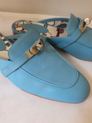 Hermes Ciel Blue Calfskin Leather Palladium Plated Oz Mules 38.5 sz