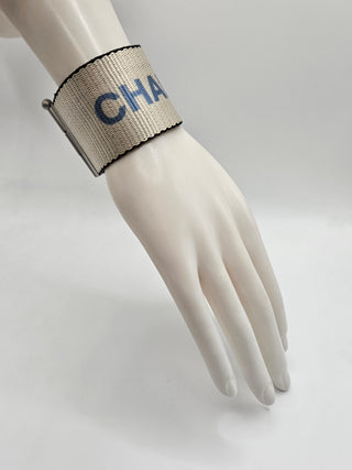 Chanel Grey Nylon 'CHANEL' Logo Print Wide Wrap Bracelet