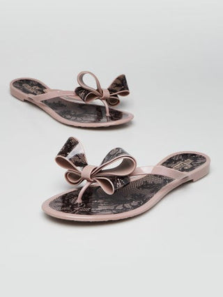 Valentino Beige Black Lace Print Bow Jelly Thong Sandals 38 sz