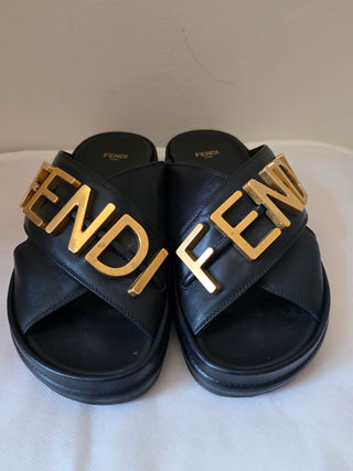Fendi Black leather Gold-tone logos slides 38.5 sz