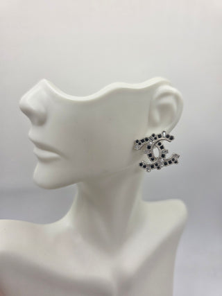Chanel Silver-tone Strass Interlocking CC Stud Earrings