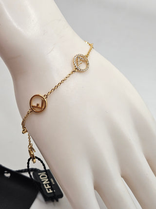 Fendi Gold-tone Crystal 'F is Fendi' Logo Station Link Bracelet