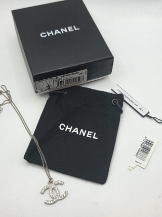 Chanel Silver-tone Strass Interlocking CC Pendant Necklace
