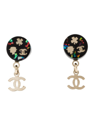 Chanel Gold-tone Black Resin Glitter CC Drop Earrings
