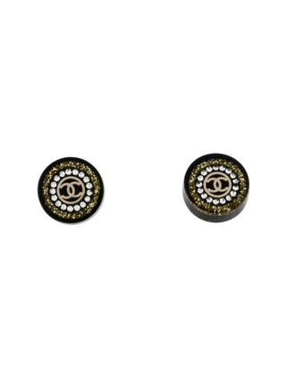 Chanel Black Gold-tone Strass Resin CC Stud Earrings
