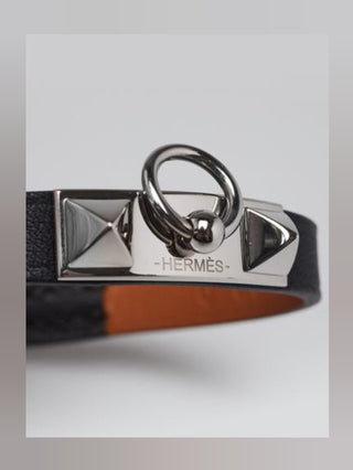 Hermes Black Swift Calfskin Leather Palladium Plated Mini Rivale Bracelet Size T2