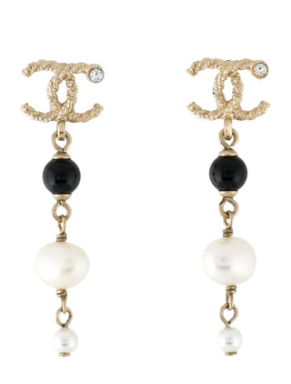 Chanel Gold-tone Pearl Faux Strass Interlocking CC Drop Earrings
