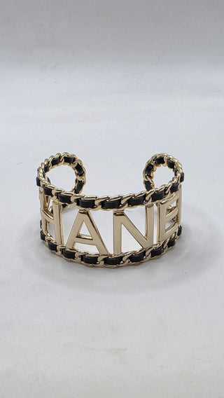 Chanel Gold-tone Leather 'CHANEL' Cuff Bracelet