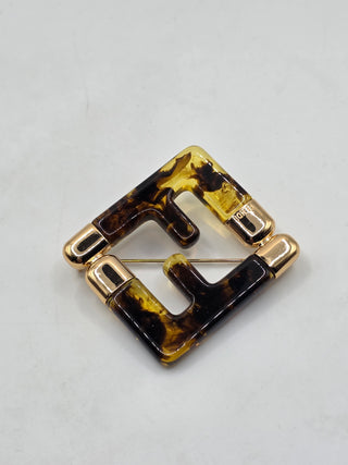 Fendi Gold-tone Resin Tortoiseshells FF Zucca Logo Pin Brooch