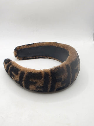 Fendi Brown FF Pattern Print Shearling Headband