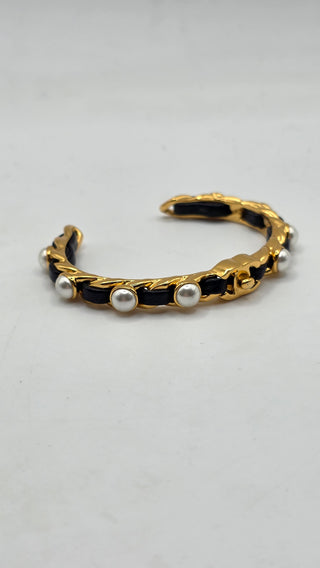Chanel  Gold-tone Faux Pearl Leather CC Cuff Bracelet